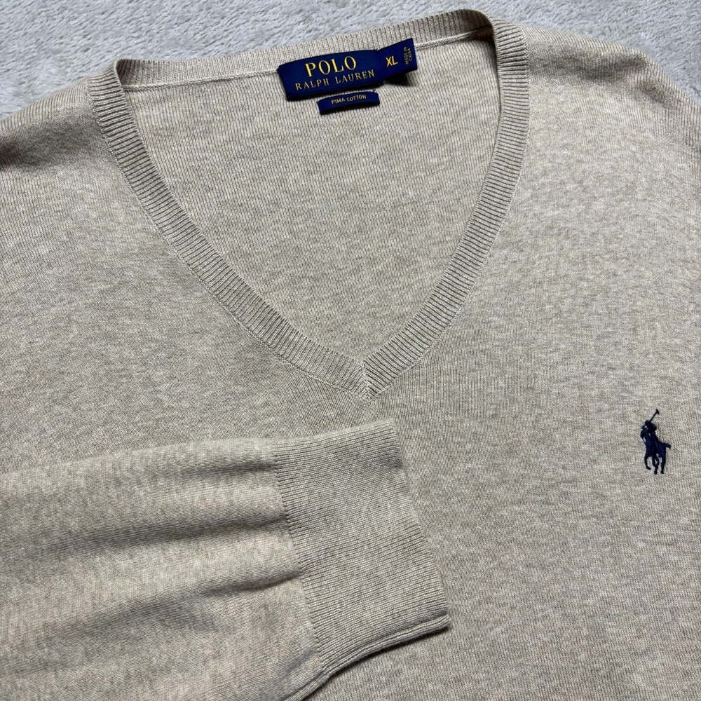 Polo Ralph Lauren Pima Cotton V-Neck Sweater Mens L Light Beige EUC